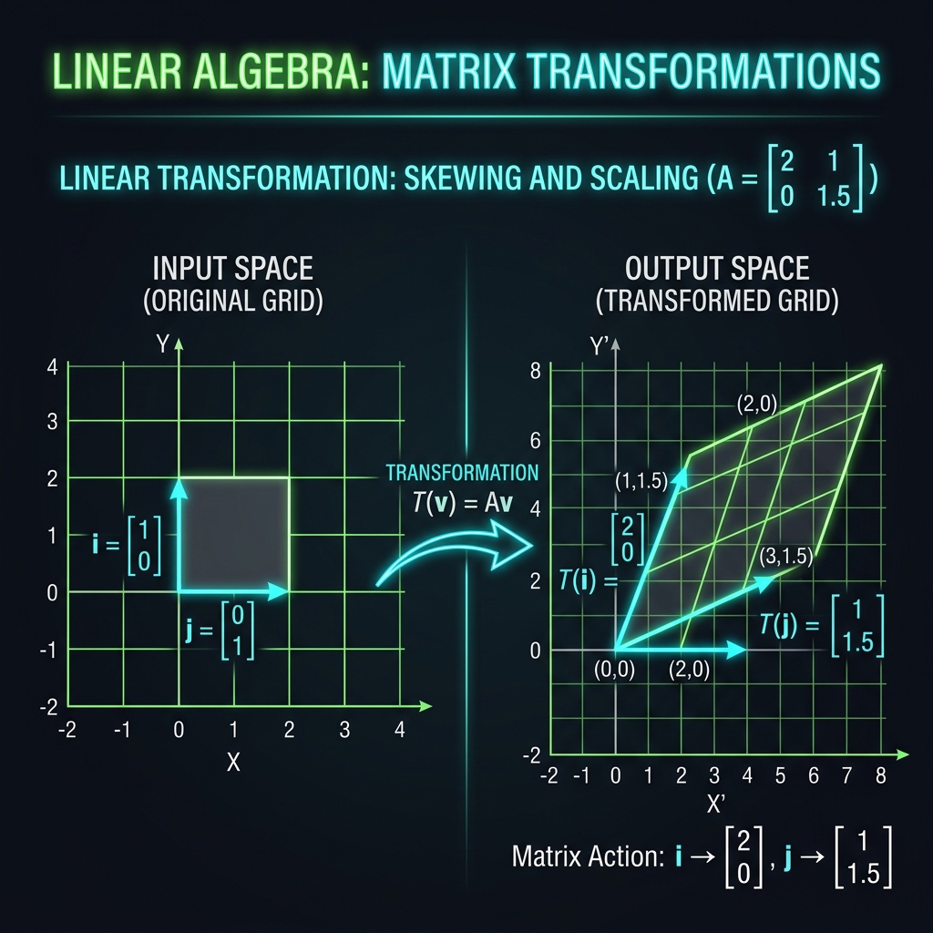 Linear algebra matrix transformations showing spatial scaling and skewing
